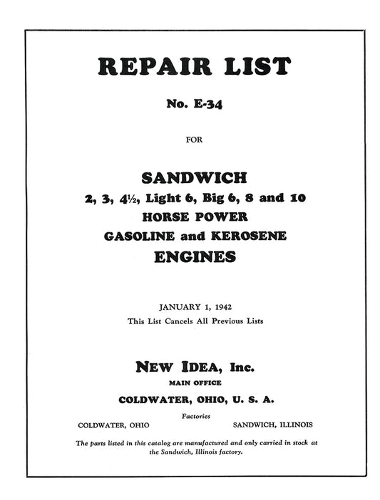 Repair List E-34: Sandwich & Horse Power Engines, E-Book