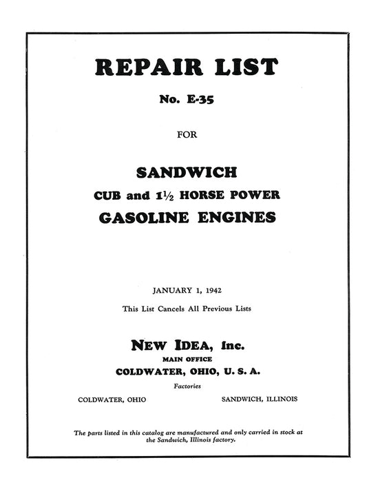 Repair List E-35: Sandwich Cub & Horse Power Engines, E-Book